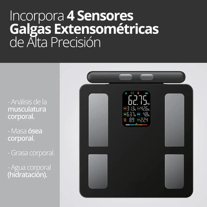 Balanza inteligente Senssun con 4 sensores y electrodos para medición de composición corporal.