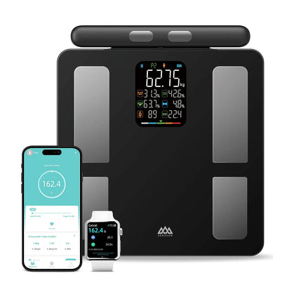 Balanza inteligente Senssun con aplicación móvil y sincronización con smartwatch para seguimiento corporal.