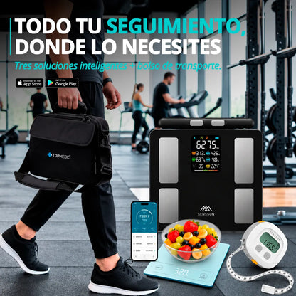 Balanza inteligente Senssun con accesorios y bolso de transporte para seguimiento fitness