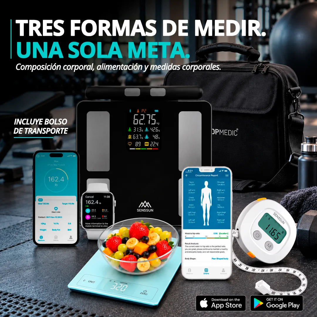 Balanza Senssun para composición corporal con balanza nutricional y cinta métrica inteligente