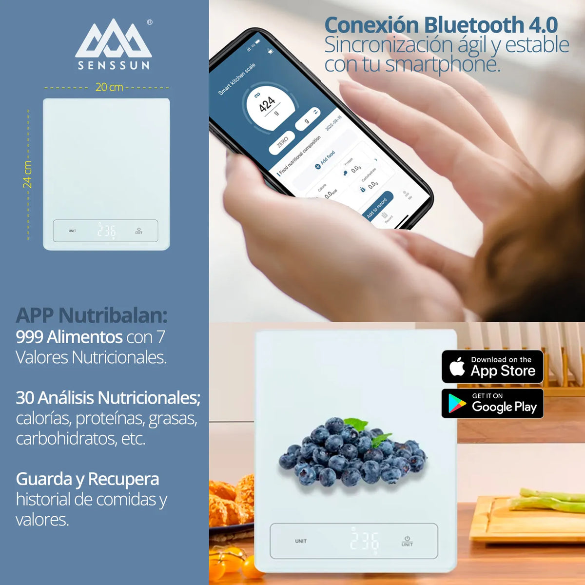 Báscula nutricional Senssun con conexión Bluetooth y aplicación móvil para registro de alimentos.