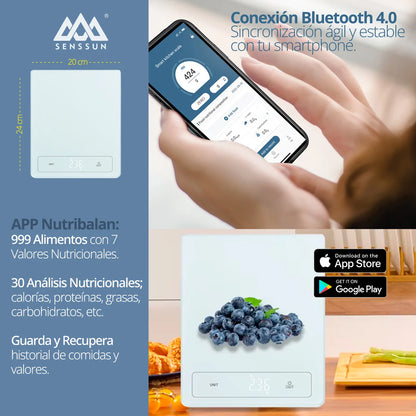 Báscula nutricional Senssun con conexión Bluetooth y aplicación móvil para registro de alimentos.