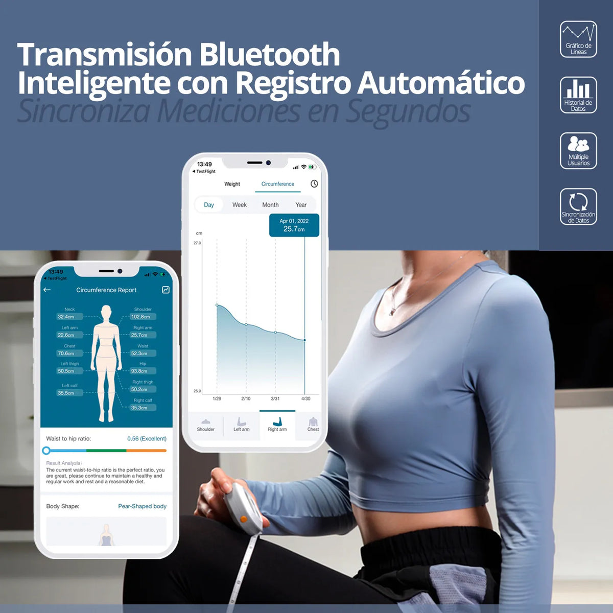 Cinta métrica inteligente Senssun con Bluetooth y registro automático de medidas corporales en la aplicación móvil.