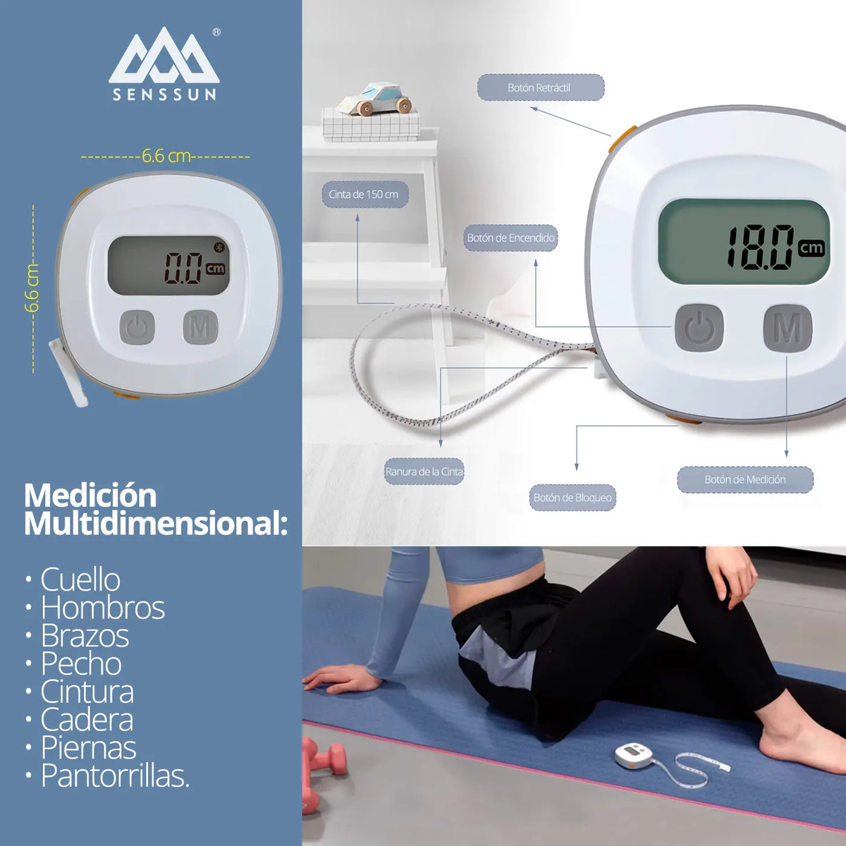 Cinta métrica electrónica Senssun con pantalla digital para medición y seguimiento de medidas corporales.