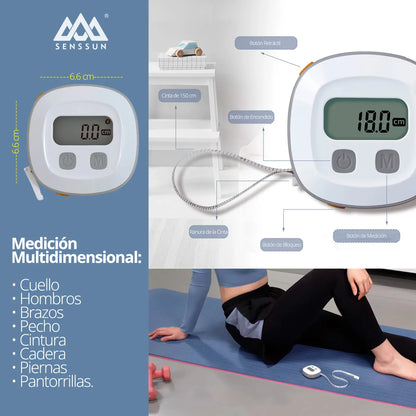 Cinta métrica electrónica Senssun con pantalla digital para medición y seguimiento de medidas corporales.
