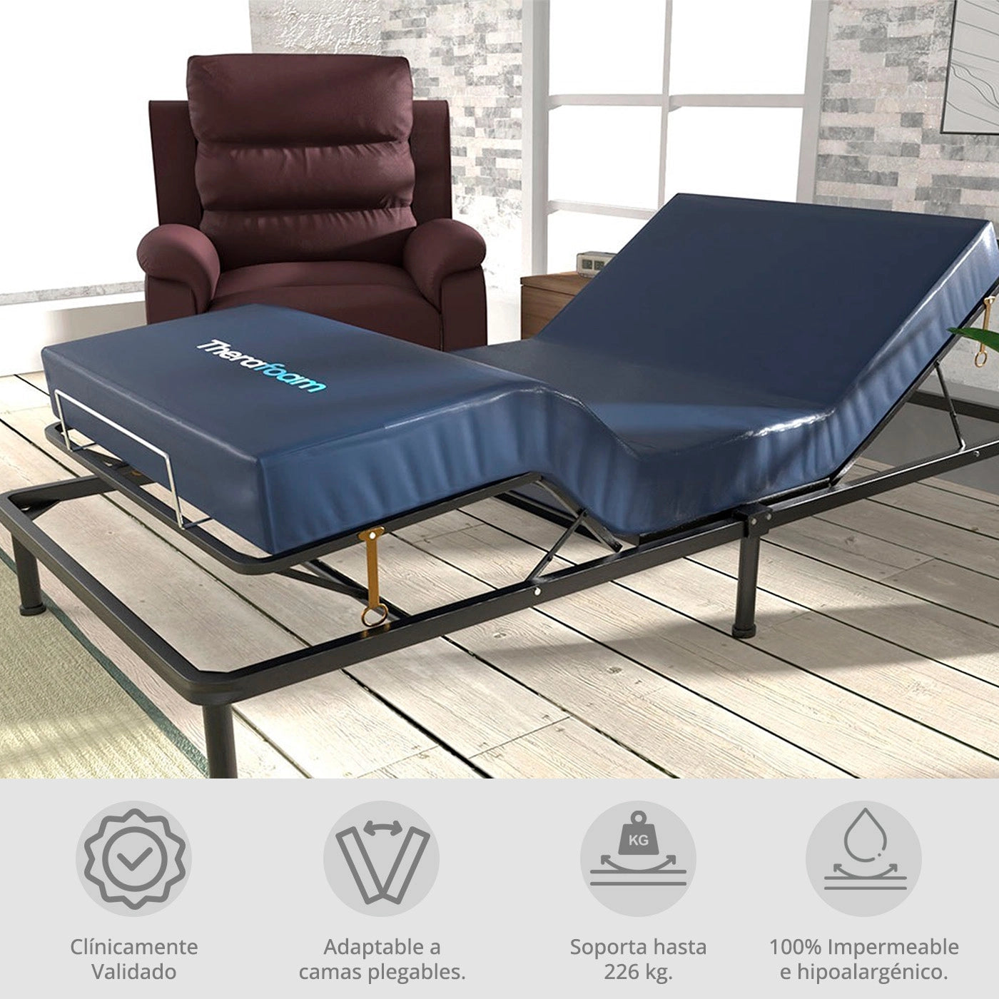 Colchón antiescaras TheraFoam instalado sobre cama clínica articulada con adaptación a diferentes posiciones.