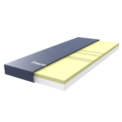 Corte del colchón antiescaras TheraFoam mostrando la espuma Memory Foam y la base de alta densidad HD Foam.