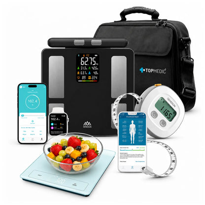 Kit de control corporal SENSSUN con balanza inteligente, cinta métrica electrónica, báscula nutricional y bolso de transporte