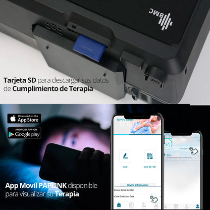 CPAP BMC G2S C20 con almacenamiento de datos mediante tarjeta SD y acceso a información de la terapia desde la aplicación
