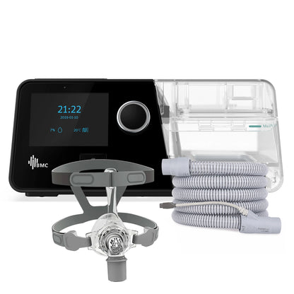 Equipo CPAP BMC G3 A20 acompañado de máscara nasal para terapia domiciliaria