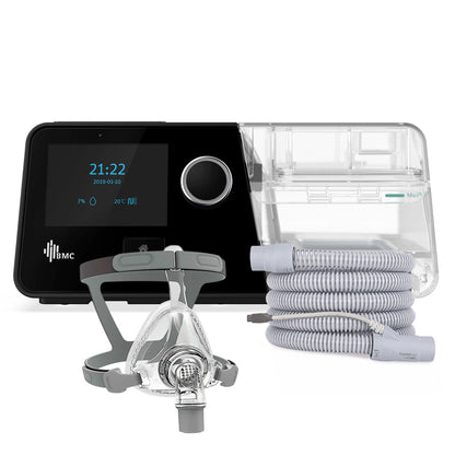 Equipo CPAP BMC G3 A20 acompañado de máscara oronasal para terapia domiciliaria