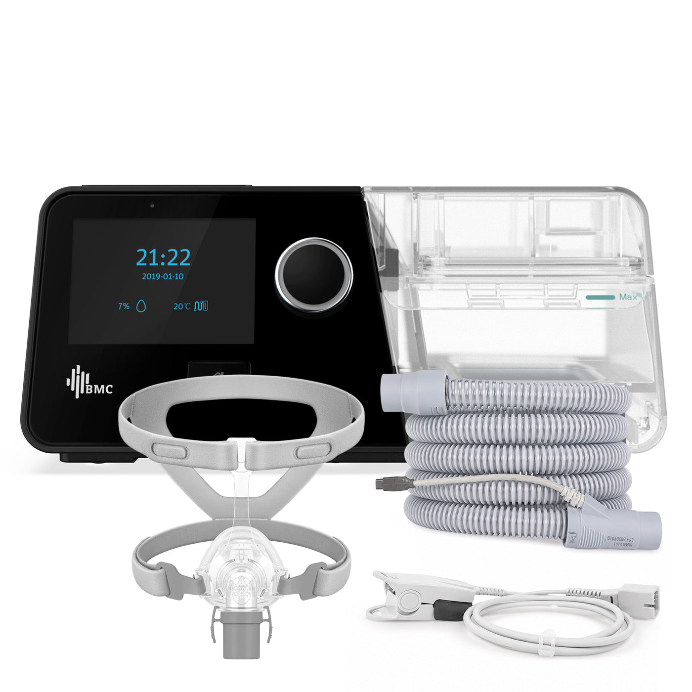 CPAP BMC G3 A20 con máscara nasal, tubo calefaccionado y oxímetro
