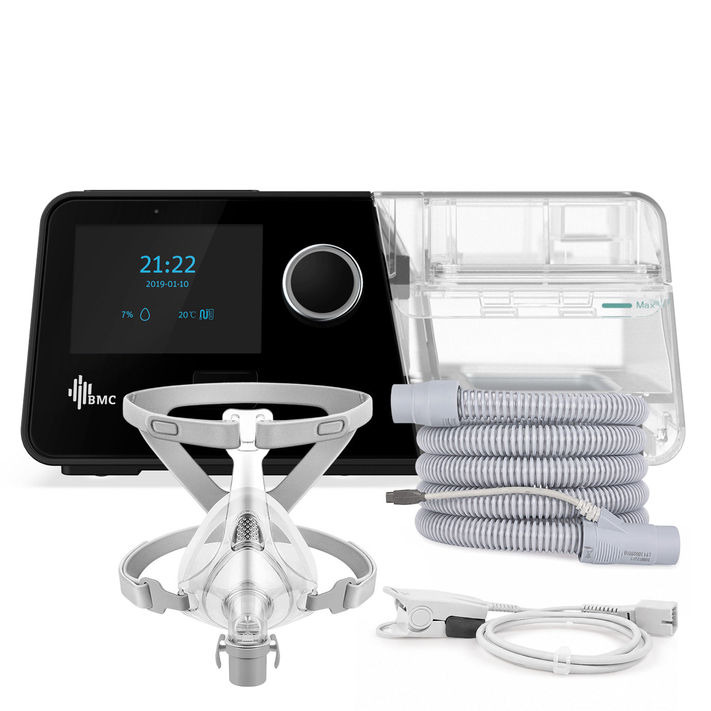 CPAP BMC G3 A20 con máscara oronasal, tubo calefaccionado y oxímetro