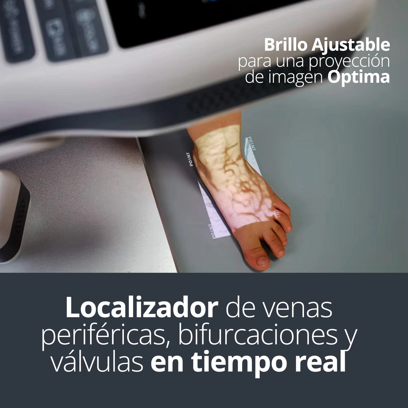 Detector de venas HF-410A proyectando el patrón vascular en tiempo real para facilitar la localización de venas periféricas, bifurcaciones y válvulas.