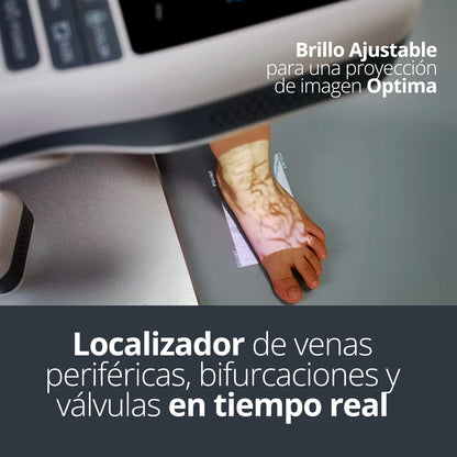 Detector de venas HF-410A proyectando el patrón vascular en tiempo real para facilitar la localización de venas periféricas, bifurcaciones y válvulas.