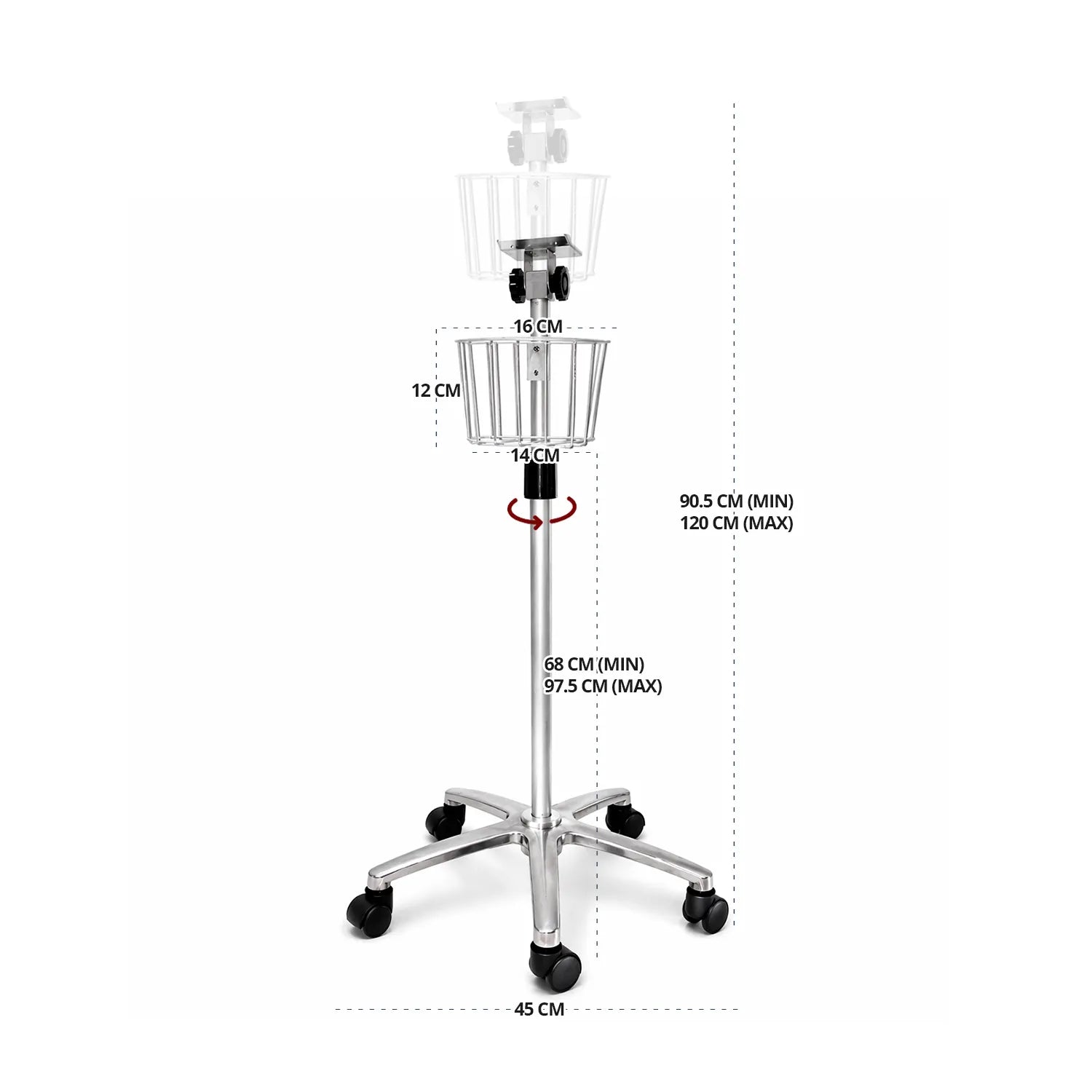 Infografía con las dimensiones del pedestal para monitor de presión arterial Yuwell YE680E, incluyendo altura ajustable, medidas del canastillo y diámetro de la base.
