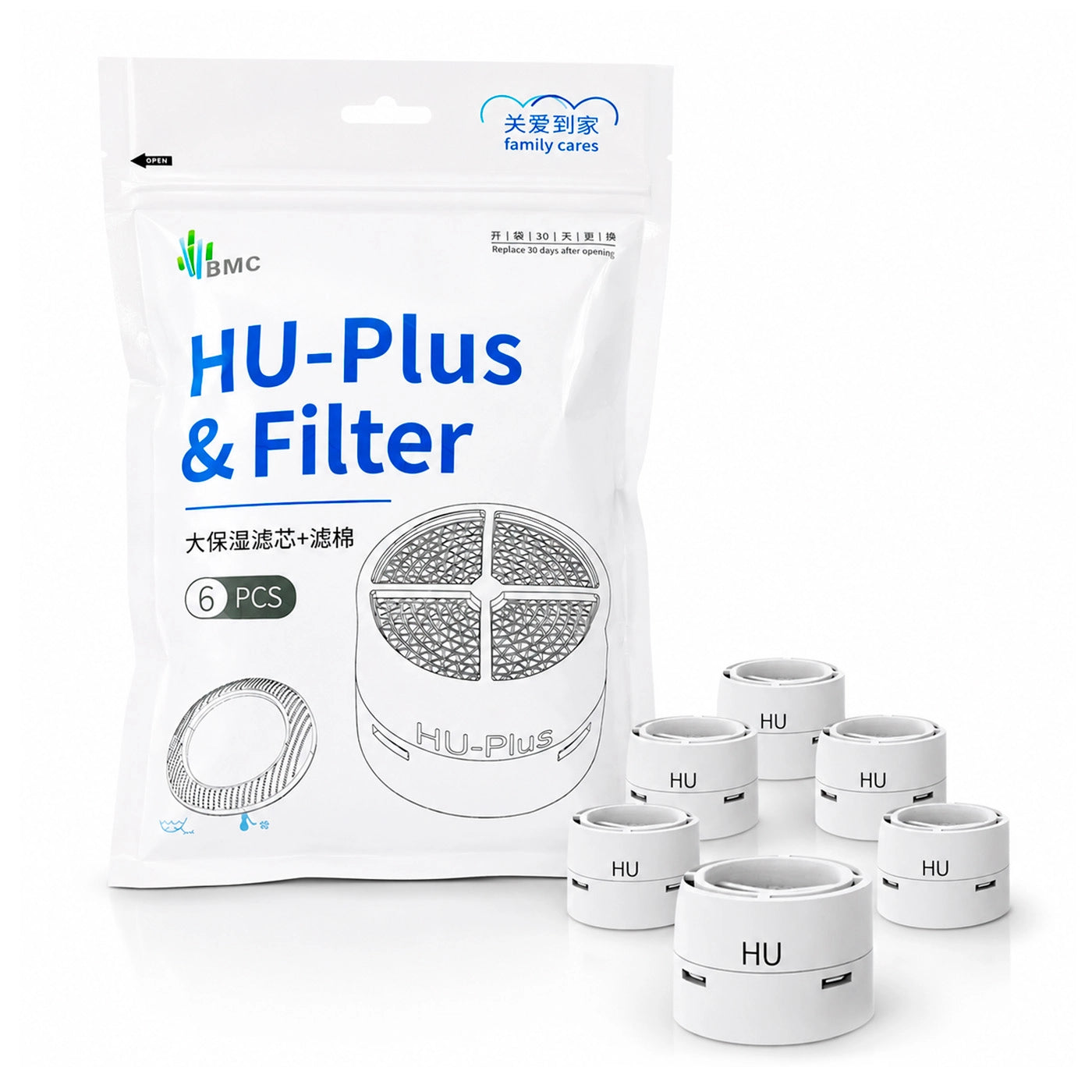 Kit de filtros HU Plus para máscara nasal P2H BMC con 6 filtros HME reutilizables y empaque original sobre fondo blanco.