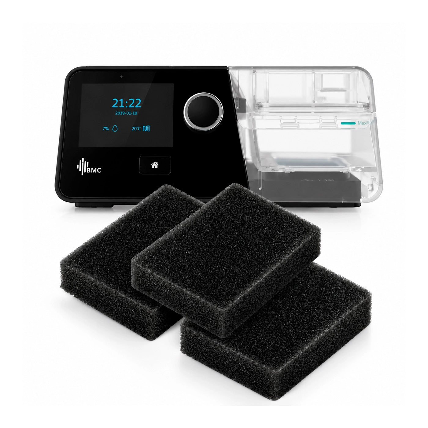 Pack de 3 filtros reutilizables para CPAP BMC G3 junto a equipo compatible
