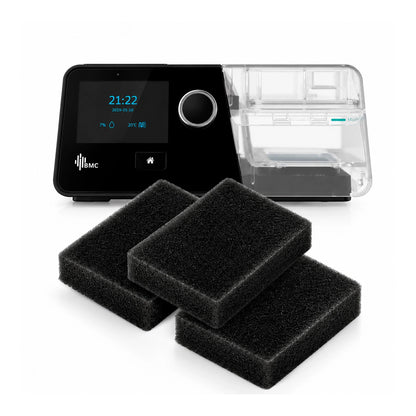 Pack de 3 filtros reutilizables para CPAP BMC G3 junto a equipo compatible