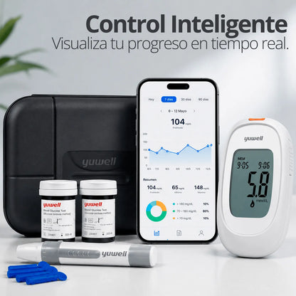 Kit Yuwell 582 con aplicación móvil para control inteligente y seguimiento digital de glucosa.