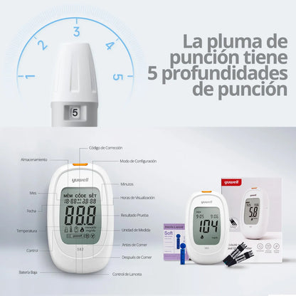 Glucómetro Yuwell 582 con dispositivo de punción y accesorios incluidos para monitoreo de glucosa.
