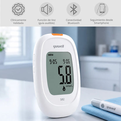 Glucómetro Yuwell 582 con funciones de Bluetooth, voz guiada, memoria y pantalla de alta visibilidad.