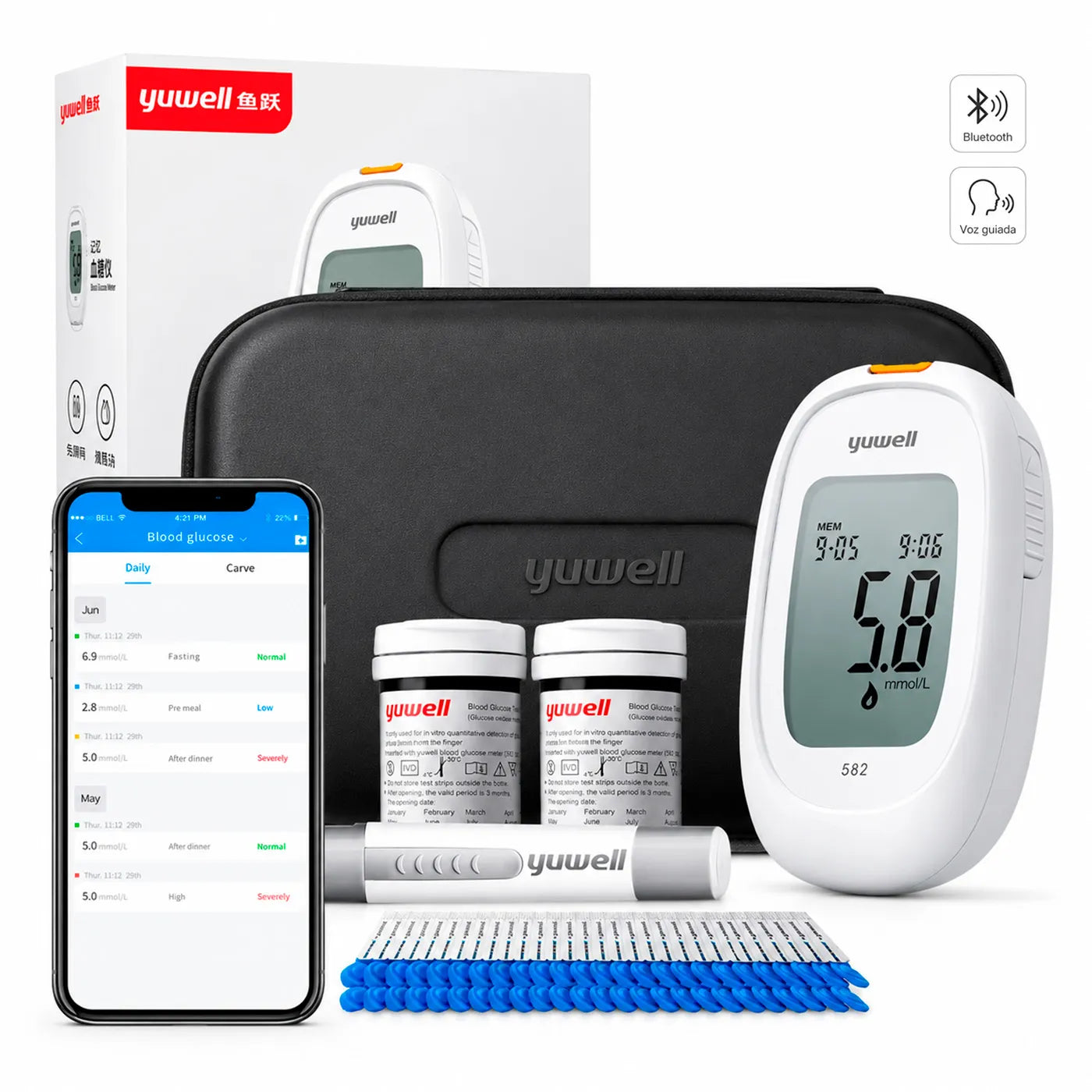 Glucómetro Yuwell 582 Smart + Voz Guiada + Bluetooth + 200 Cintas 200 Lancetas