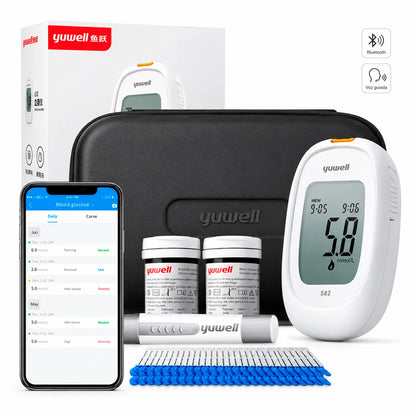 Glucometro Yuwell 582 con conectividad Bluetooth, voz guiada y kit completo para monitoreo de glucosa.
