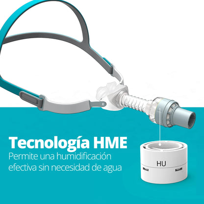 Infografía técnica del filtro HU Plus para máscara nasal P2H BMC con explicación de la tecnología HME y su funcionamiento.