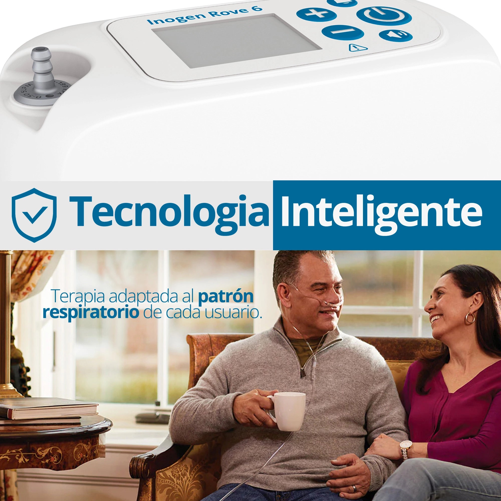 Inogen Rove 6 con pantalla y controles para configurar la terapia de oxígeno