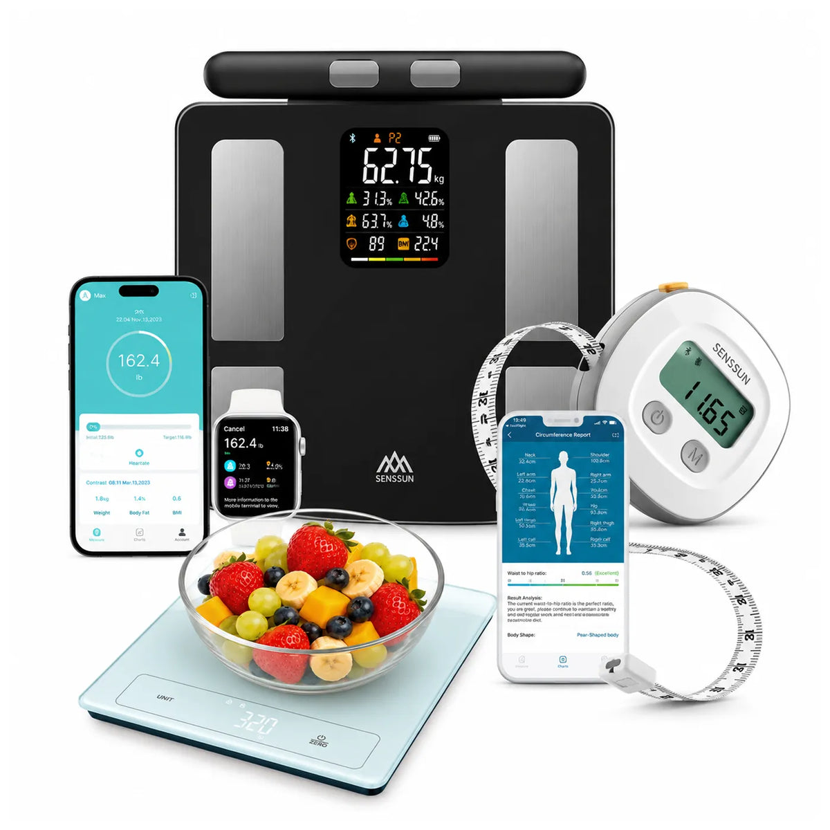Kit Senssun con balanza inteligente, cinta métrica electrónica y báscula nutricional para seguimiento corporal y alimentación.