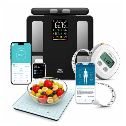 Kit Senssun con balanza inteligente, cinta métrica electrónica y báscula nutricional para seguimiento corporal y alimentación.