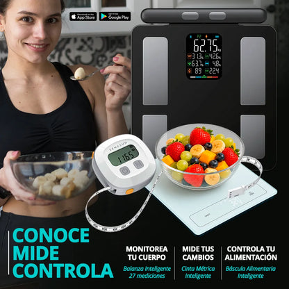 Kit Senssun con balanza inteligente, cinta métrica y báscula nutricional para control corporal y alimentación.