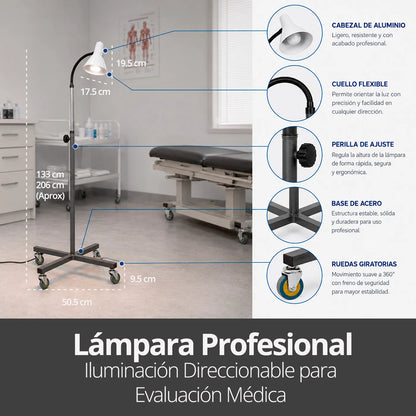 Características técnicas de lámpara clínica cuello flexible con ruedas y ajuste de altura.