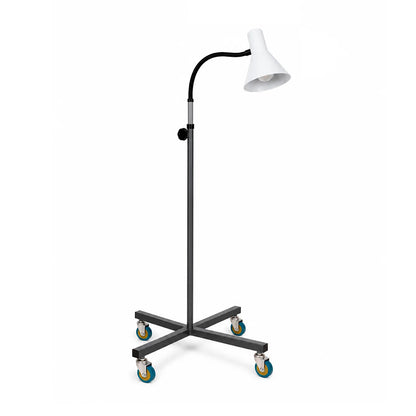 Lámpara clínica cuello flexible con 4 ruedas para evaluación médica y procedimientos clínicos.