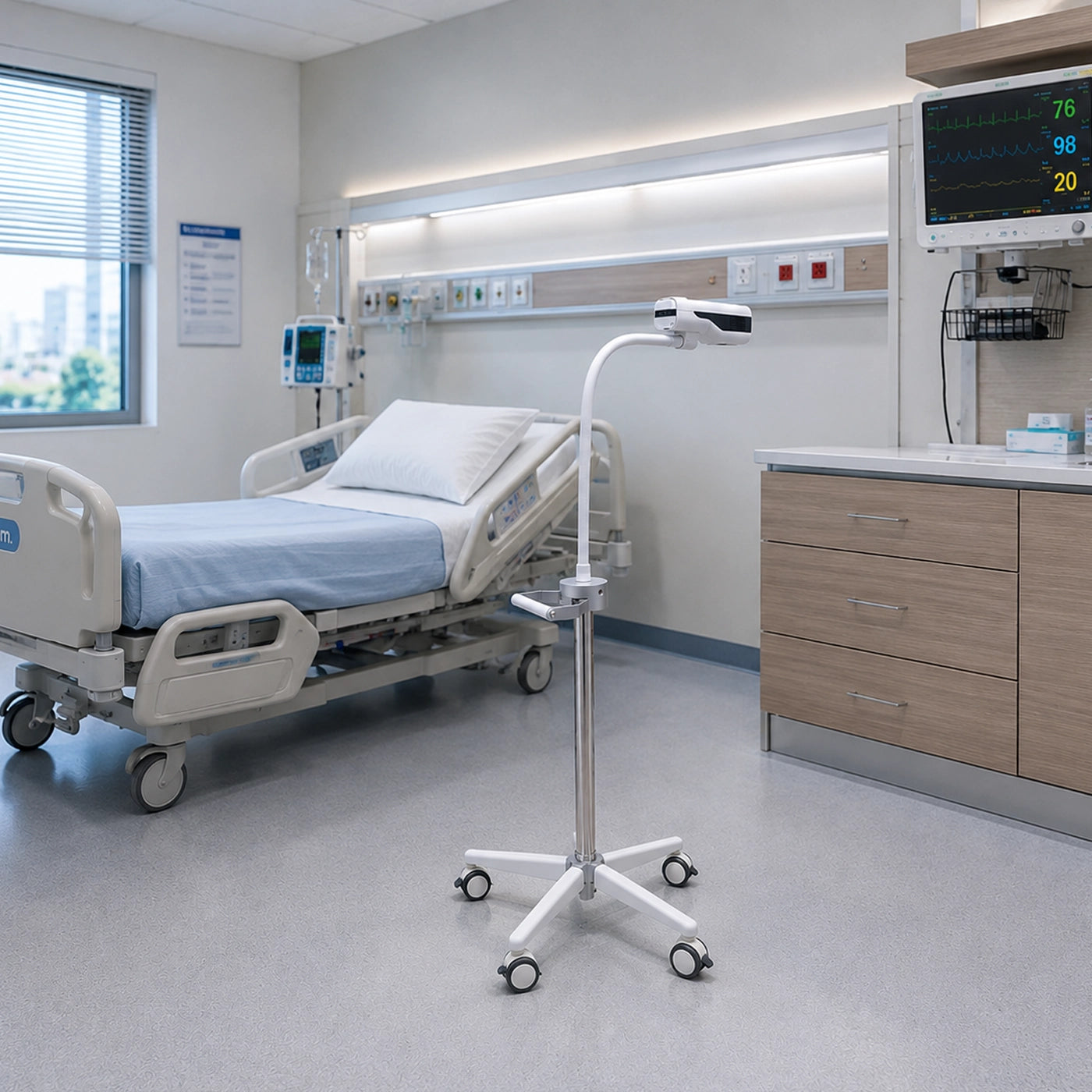 Localizador de venas SinoHero HF-410A con soporte móvil en una sala hospitalaria moderna.
