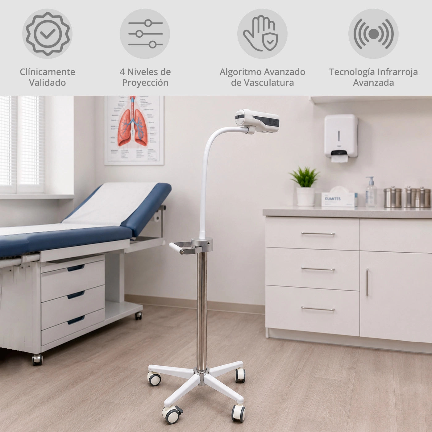 Localizador de venas SinoHero HF-410A con soporte móvil para uso en hospitales, clínicas y centros médicos.