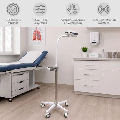 Localizador de venas SinoHero HF-410A con soporte móvil para uso en hospitales, clínicas y centros médicos.