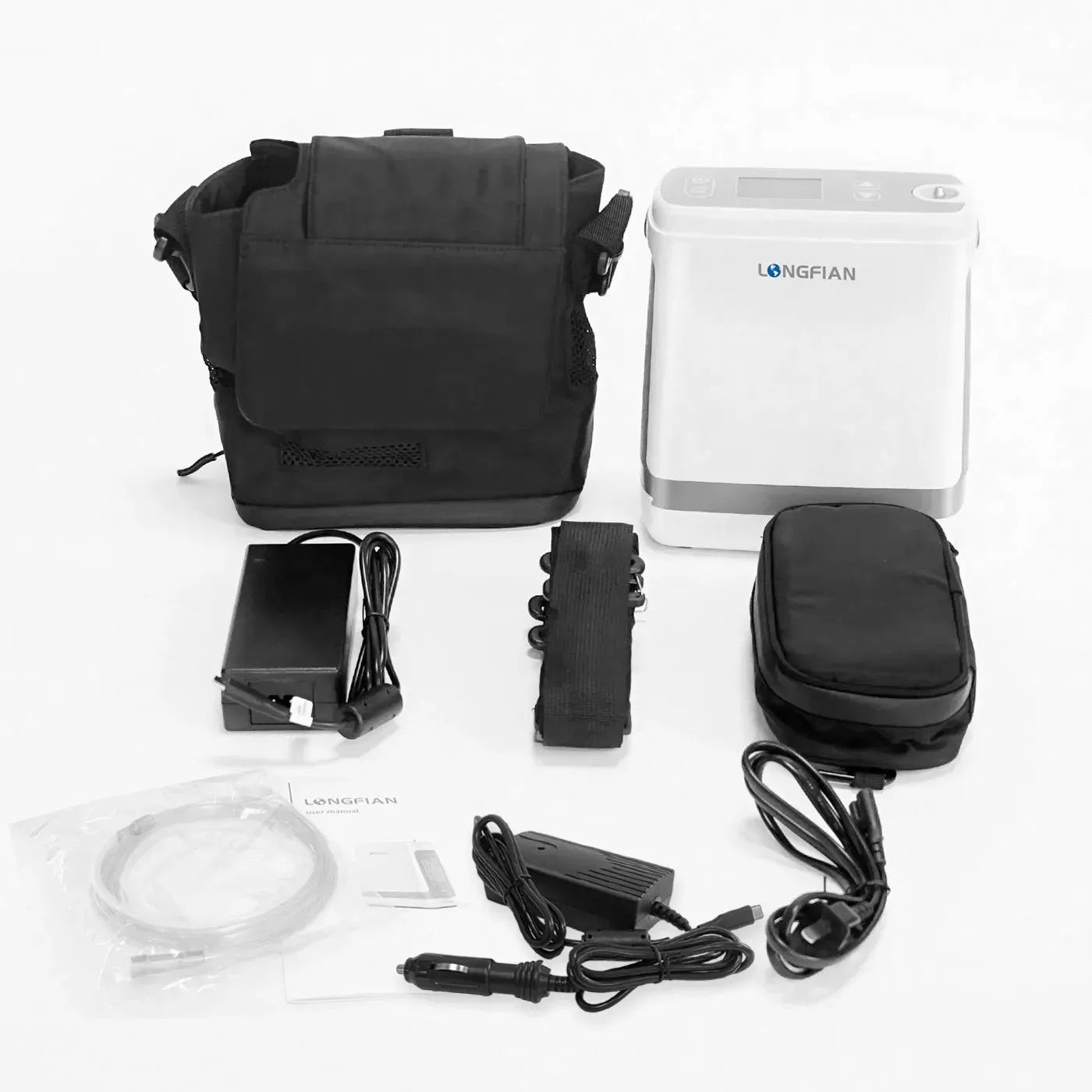 Accesorios incluidos del concentrador de oxígeno portátil Longfian JAY1000P: batería, cánula nasal, bolsa de transporte, adaptadores y cables de alimentación.