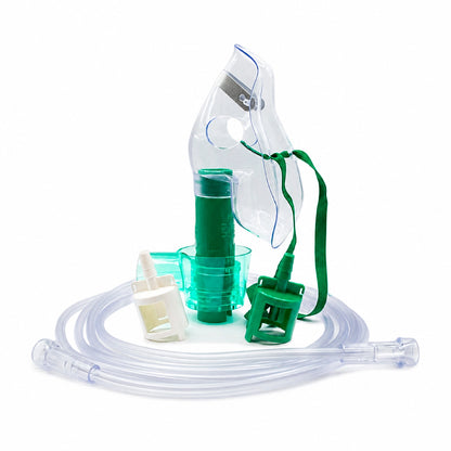 Mascarilla de oxígeno Venturi pediátrica con tubo de oxígeno, adaptadores de concentración y elástico de sujeción.