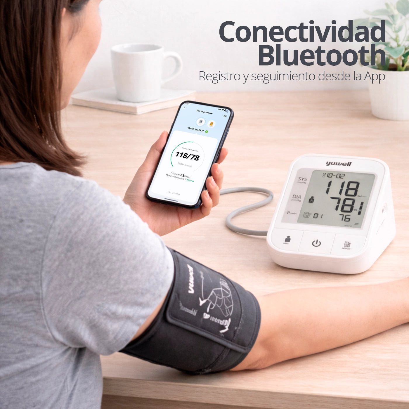 Tensiómetro Bluetooth Yuwell YE670CR con sincronización de resultados en smartphone