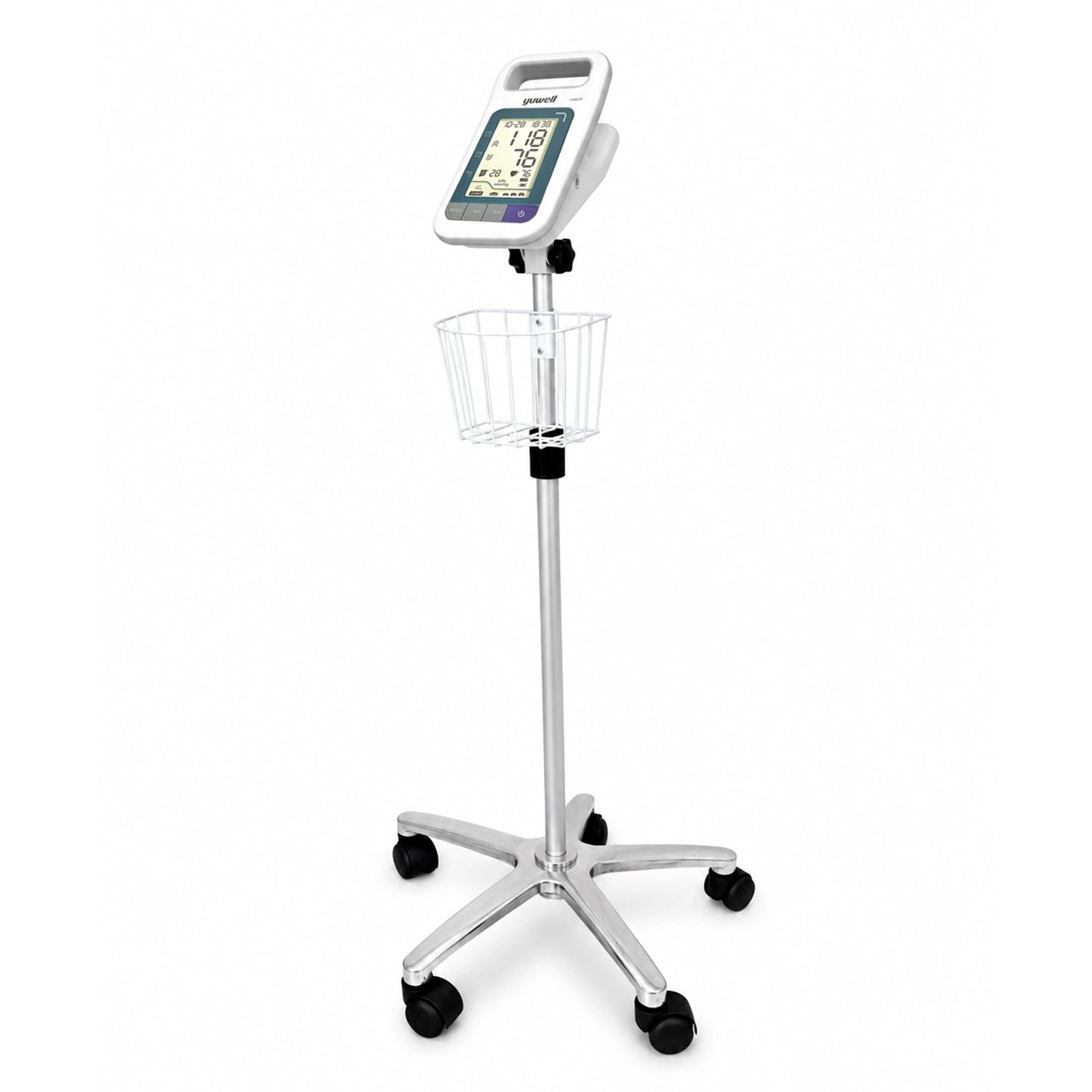 Tensiómetro digital Yuwell YE680E sobre pedestal clínico con canastillo, fotografía tipo estudio en fondo blanco.