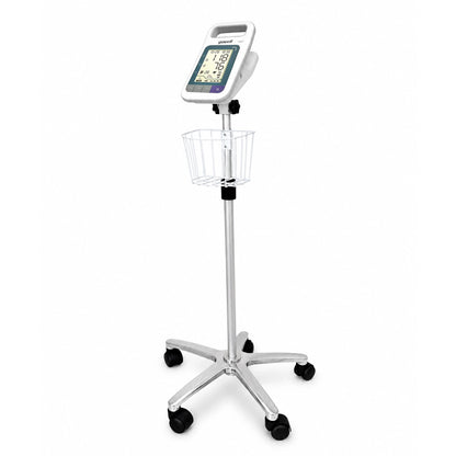 Tensiómetro digital Yuwell YE680E sobre pedestal clínico con canastillo, fotografía tipo estudio en fondo blanco.