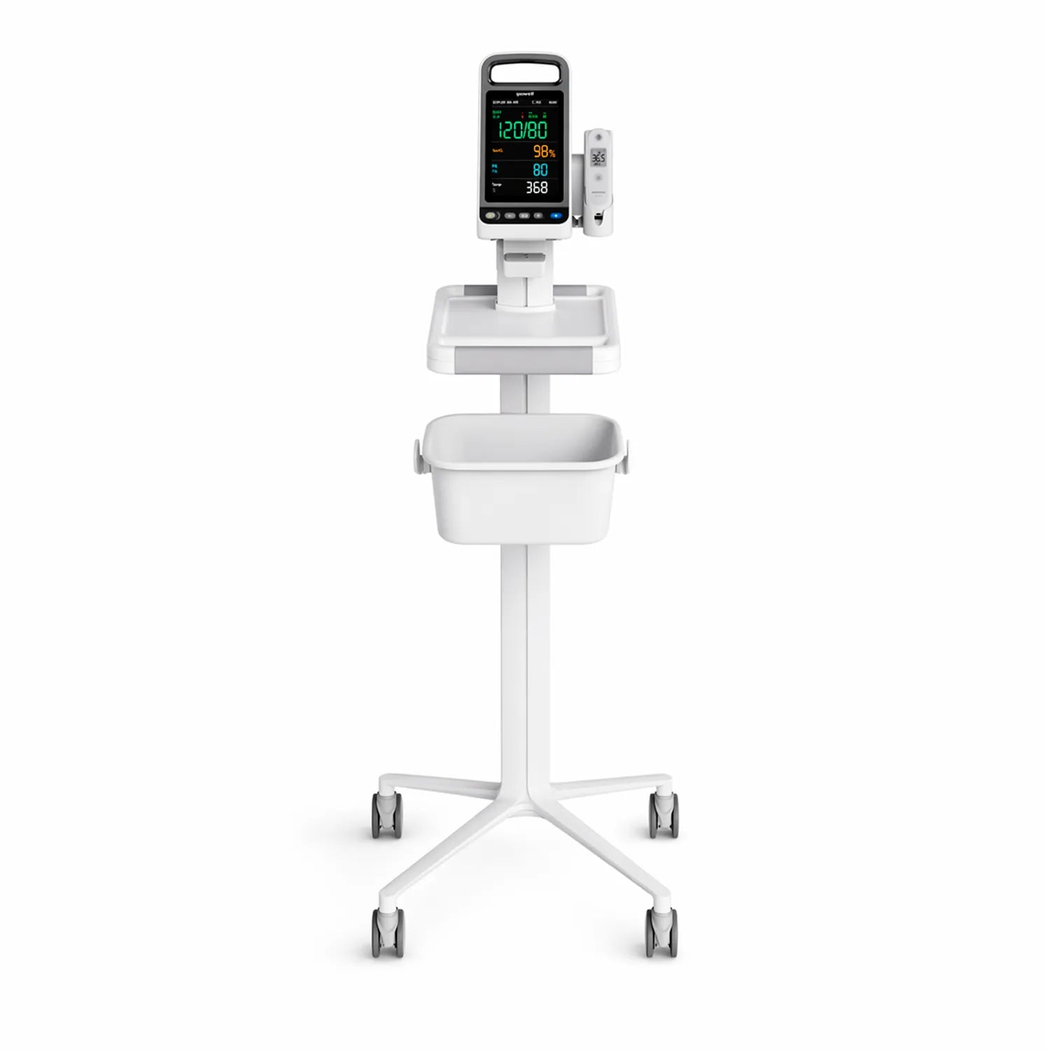 Monitor de signos vitales Yuwell CM100 en carro médico con bandeja y base móvil para uso clínico