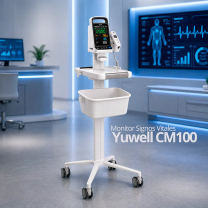 Equipo de monitoreo de signos vitales Yuwell CM100 en entorno hospitalario moderno con carro clínico