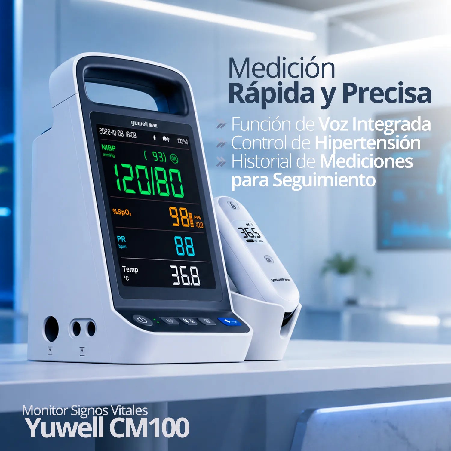 Pantalla del monitor Yuwell CM100 mostrando medición de presión arterial, SpO2 y frecuencia cardíaca en tiempo real