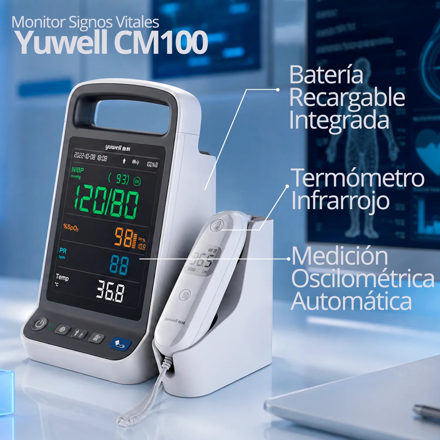Monitor Yuwell CM100 con tecnología de medición automática, batería recargable y termómetro integrado