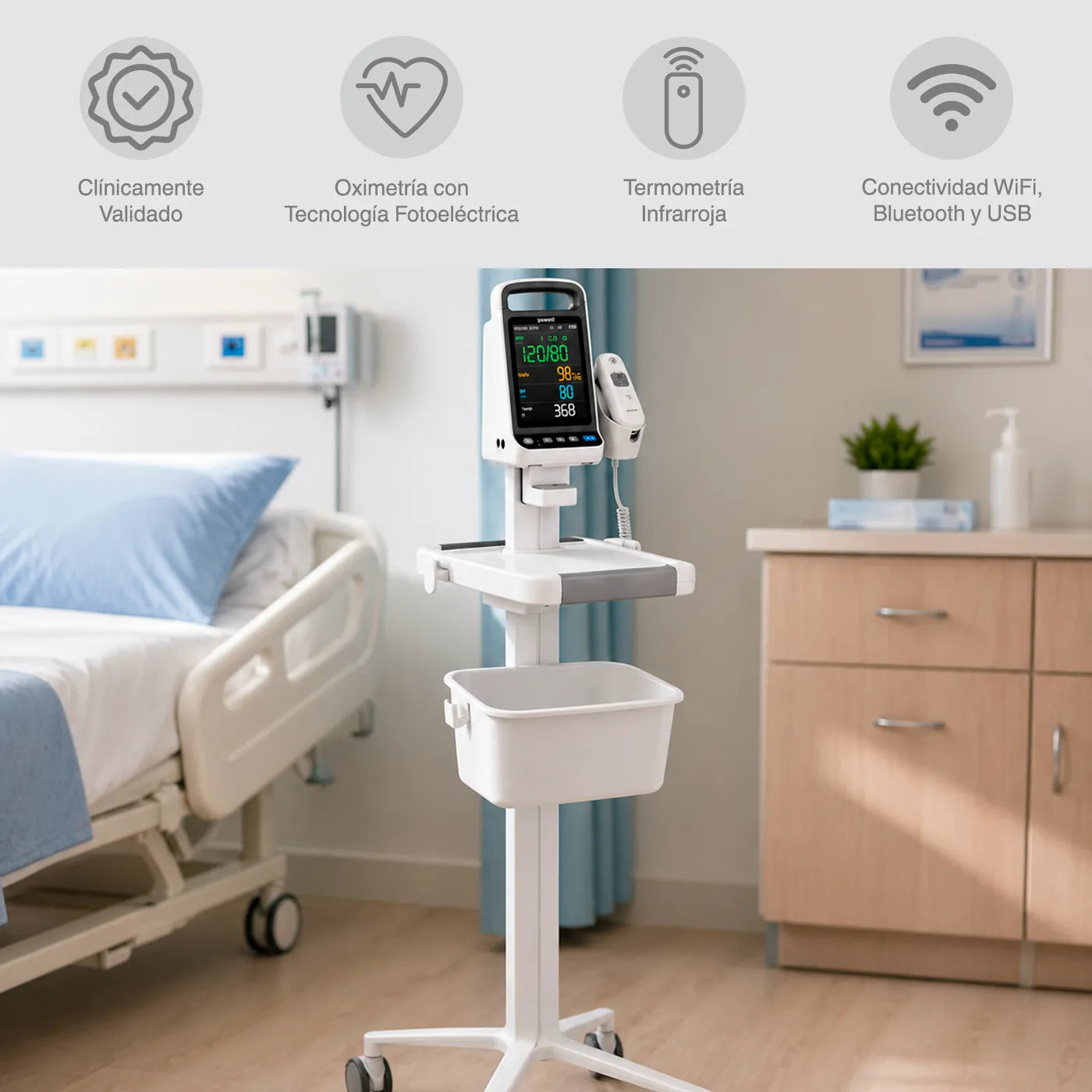 Monitor de signos vitales Yuwell CM100 instalado en habitación clínica para control de presión, oxígeno y pulso