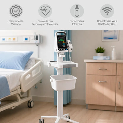 Monitor de signos vitales Yuwell CM100 instalado en habitación clínica para control de presión, oxígeno y pulso