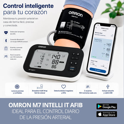 OMRON M7 Intelli IT AFib con tecnología Intelli Sense, detección de AFib y brazalete Intelli Wrap 360° para mediciones precisas.